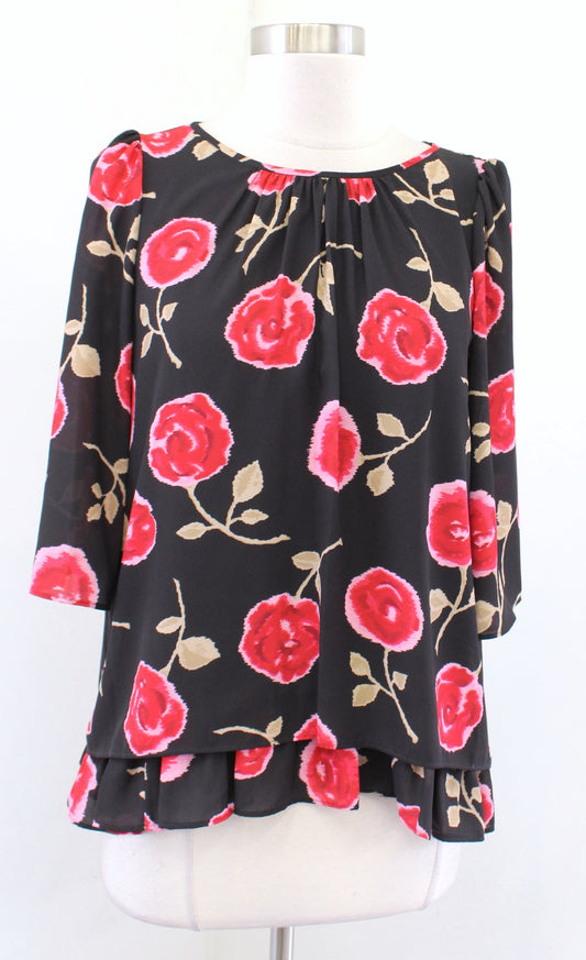 Kate Spade Hazy Rose Floral Double Layer Ruffle Top Blouse Size S Black Red