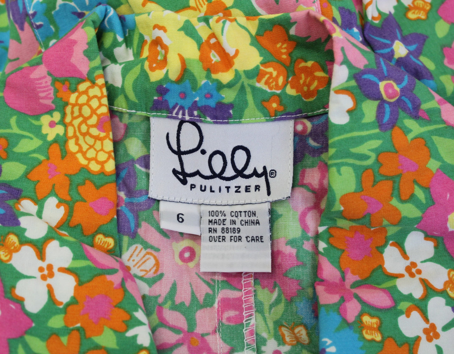 Vtg Lilly Pulitzer Green Colorful Floral Print Retro Collared Dress Size 6