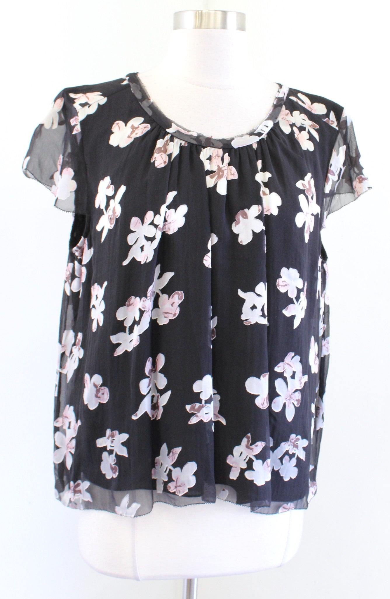 Rebecca Taylor Womens Black Burnout Floral Cap Sleeve Top Blouse Size 12