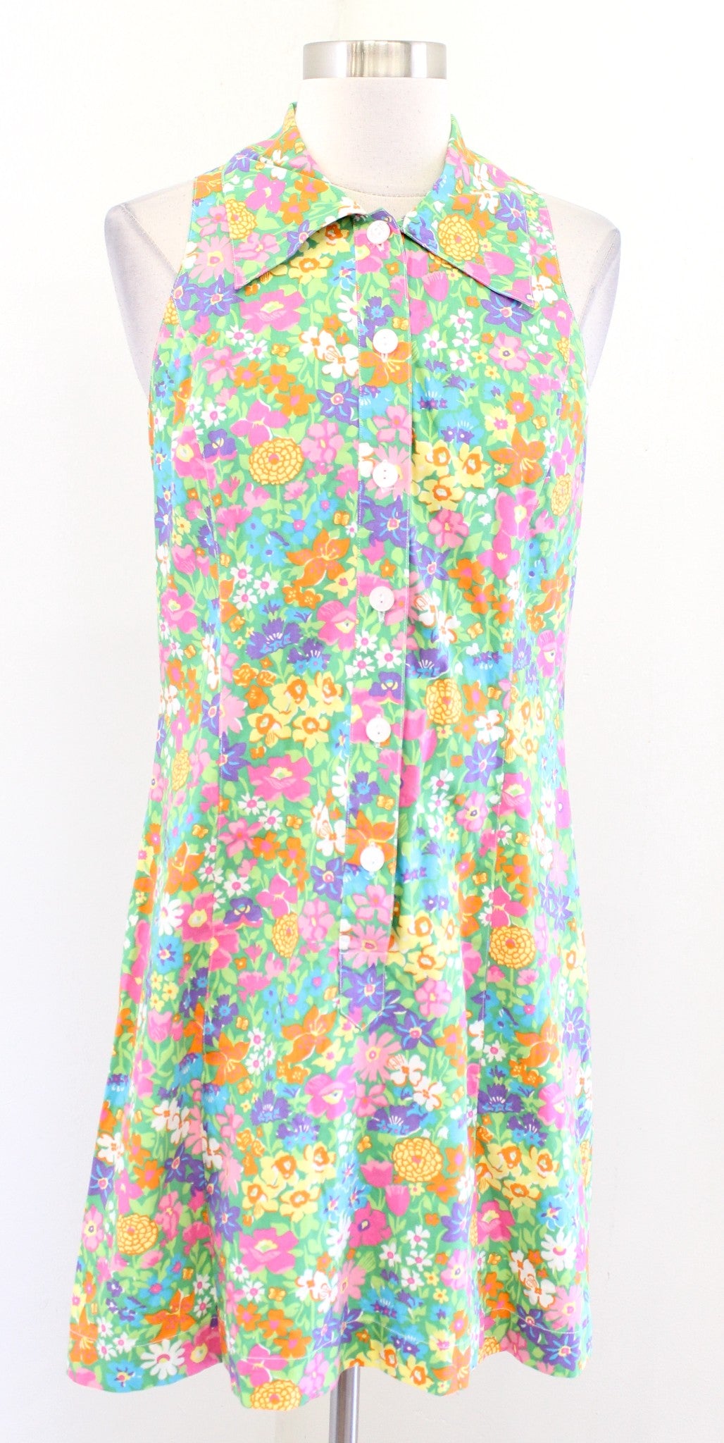 Vtg Lilly Pulitzer Green Colorful Floral Print Retro Collared Dress Size 6