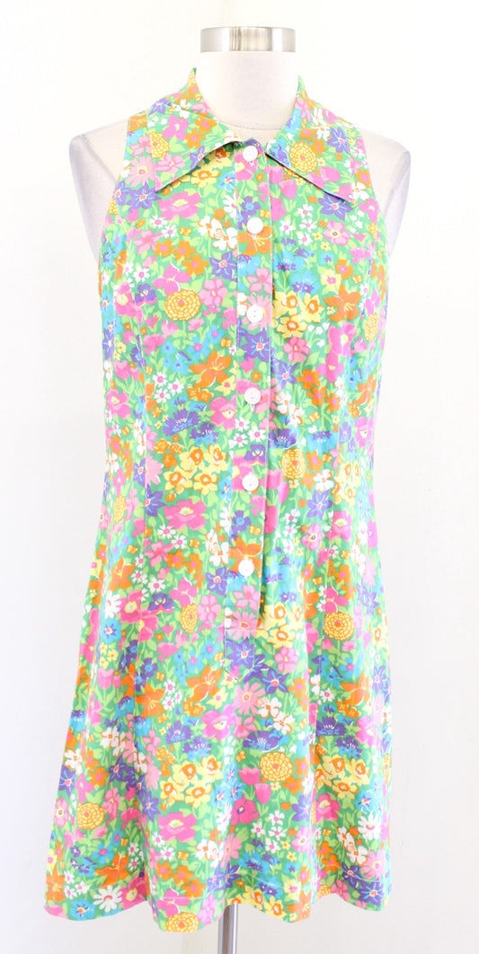 Vtg Lilly Pulitzer Green Colorful Floral Print Retro Collared Dress Size 6