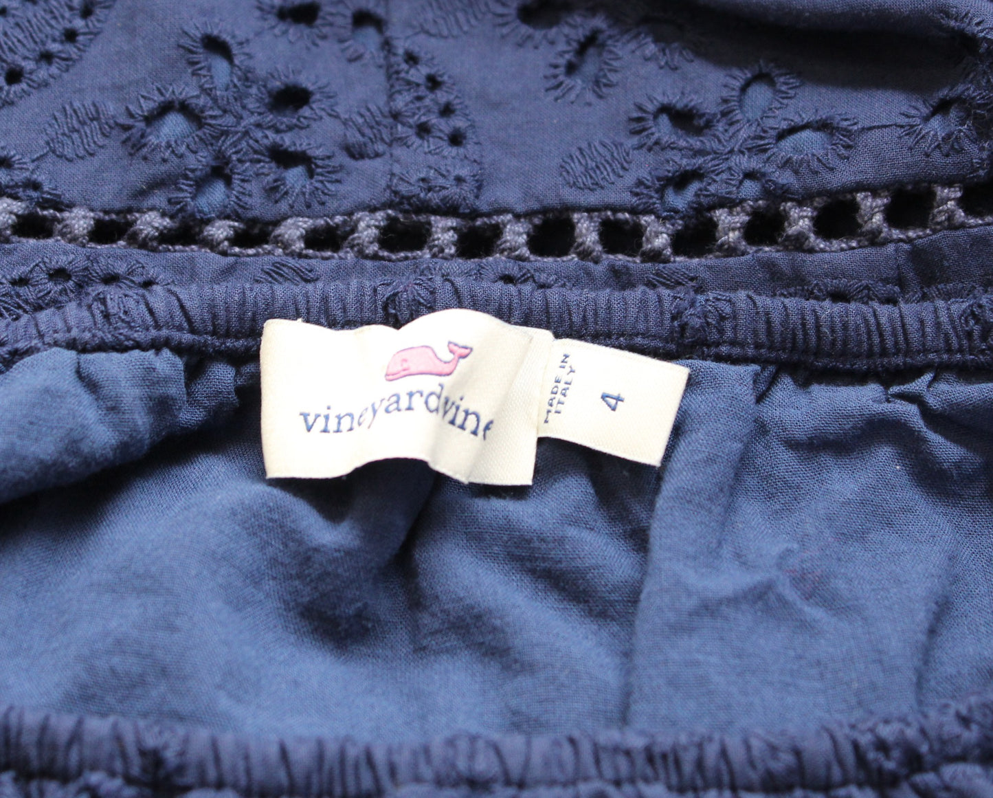 Vineyard Vines Navy Blue Eyelet Lace Cutout On Off Shoulder Dress 4 Embroidered