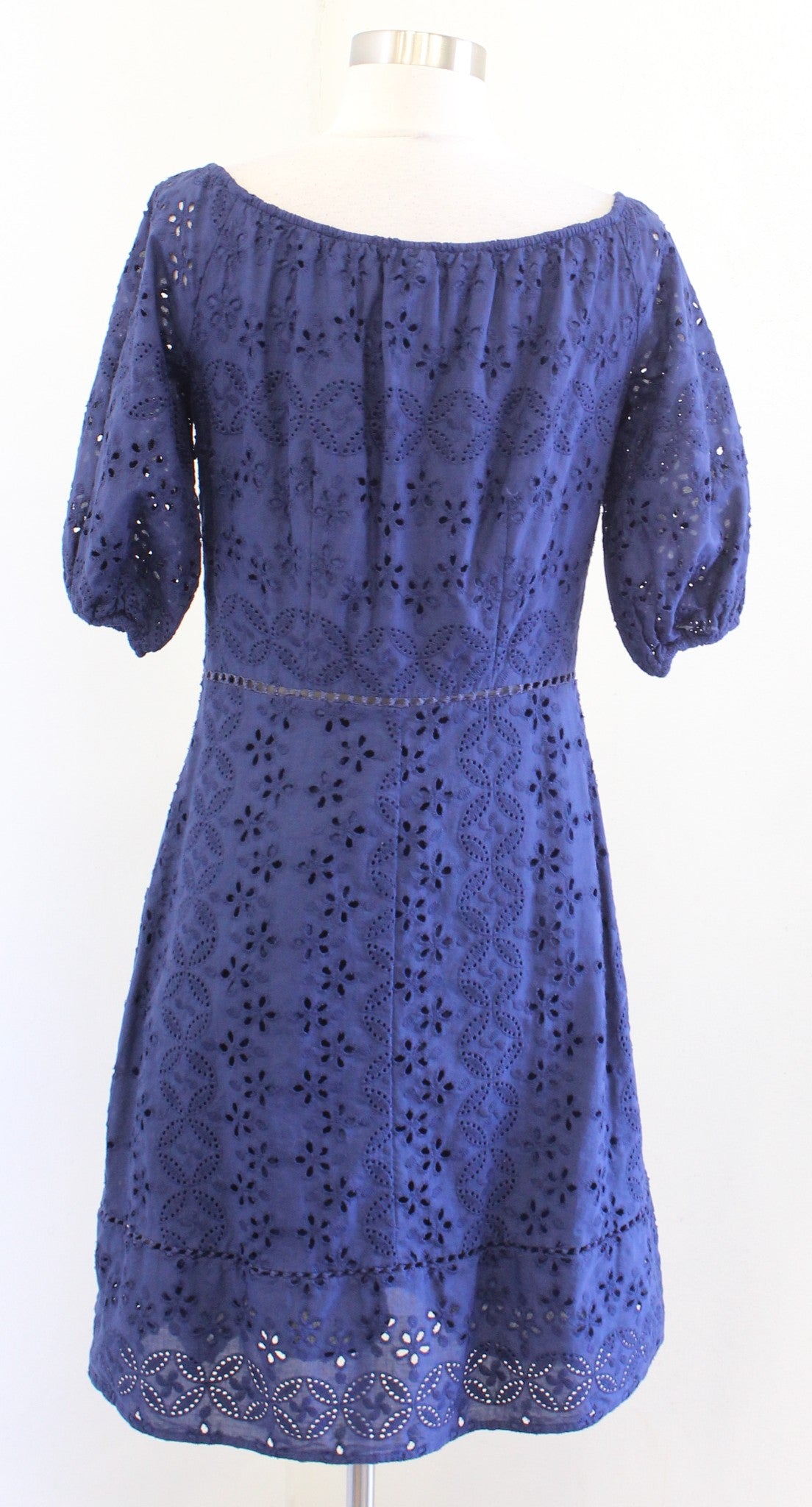 Vineyard Vines Navy Blue Eyelet Lace Cutout On Off Shoulder Dress 4 Embroidered