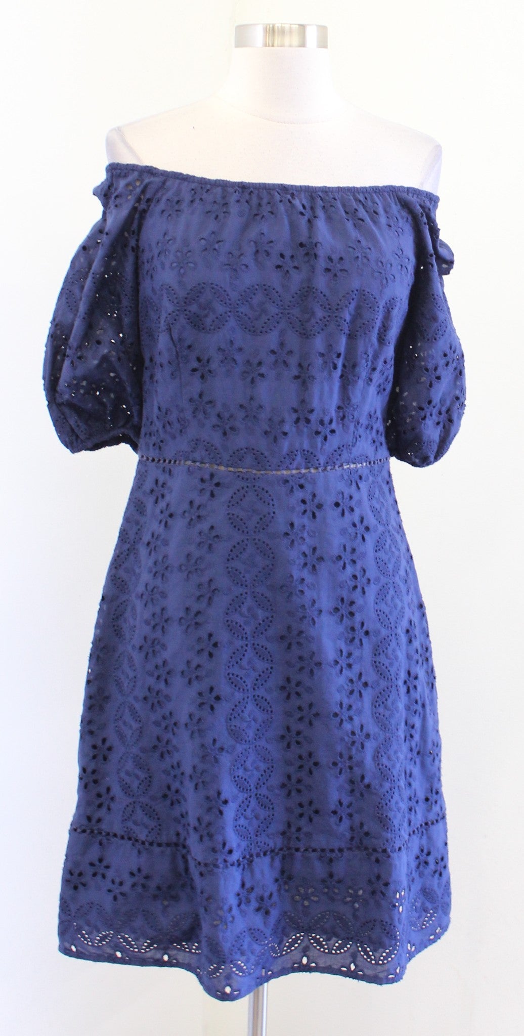 Vineyard Vines Navy Blue Eyelet Lace Cutout On Off Shoulder Dress 4 Embroidered
