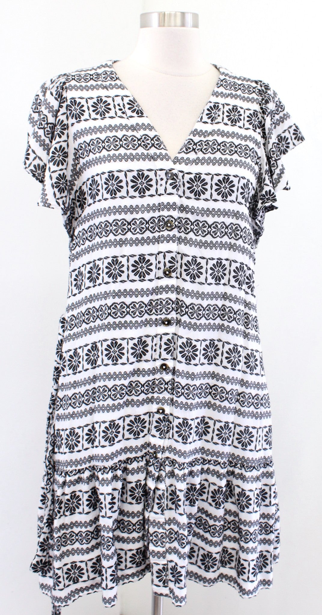 Ann Taylor Dobby Black White Floral Embroidered Flutter Sleeve Tie Waist Dress S