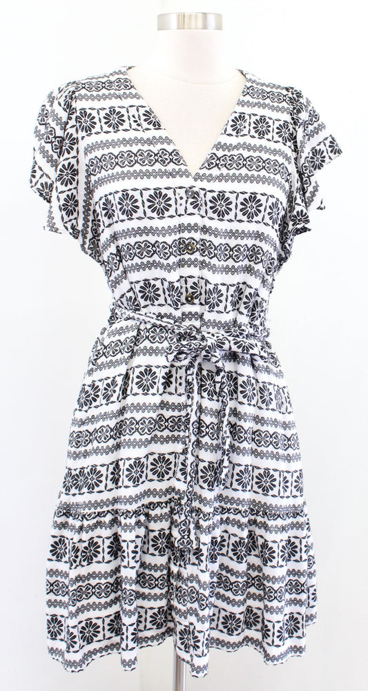 Ann Taylor Dobby Black White Floral Embroidered Flutter Sleeve Tie Waist Dress S