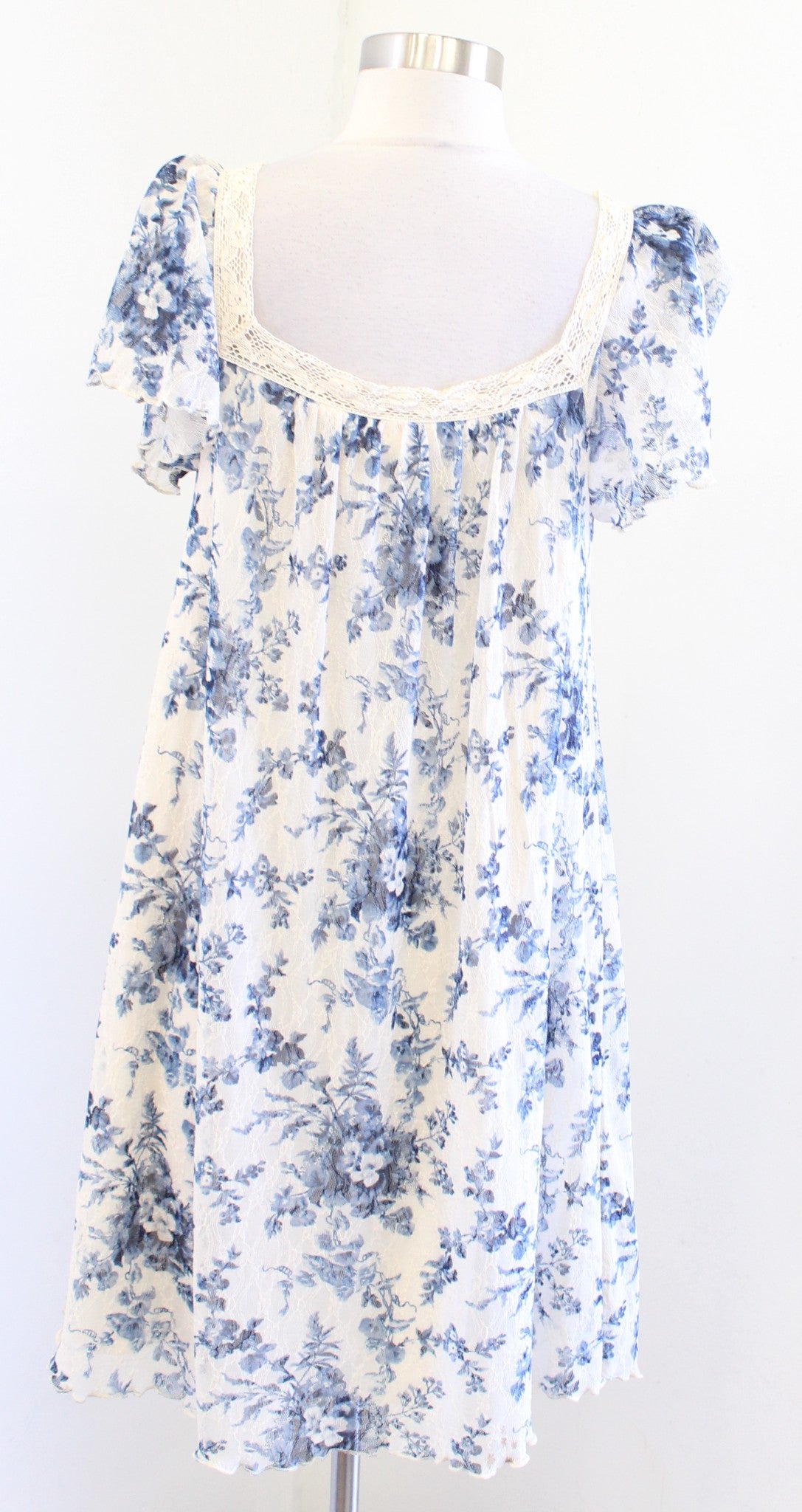 Denim and Supply Ralph Lauren Ivory Blue Floral Lace Crochet Peasant Dress Sz M