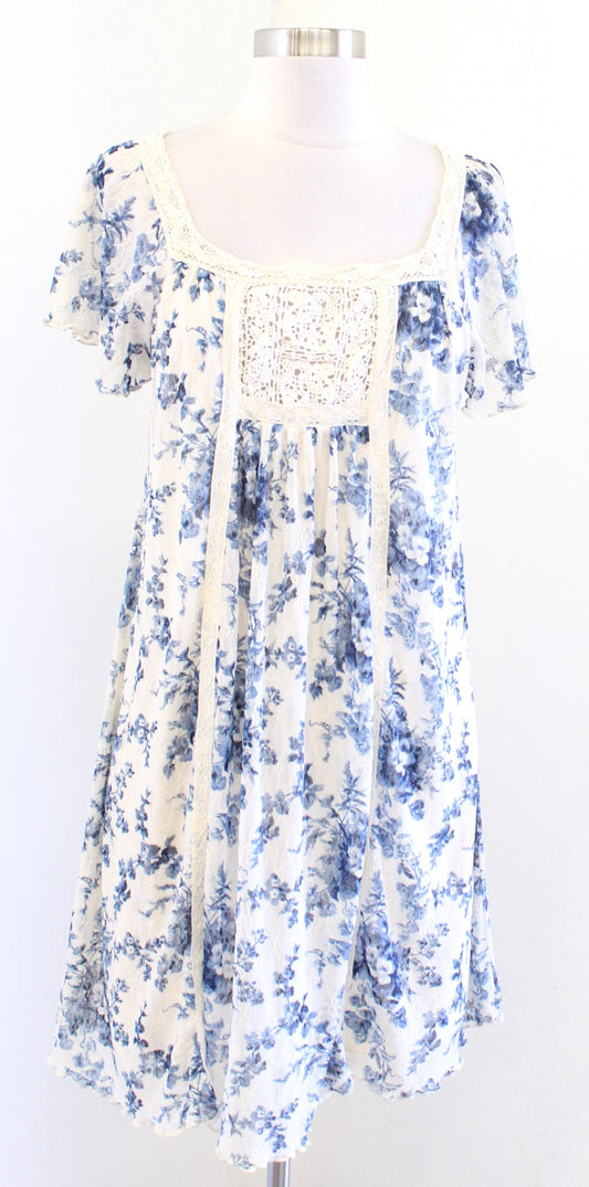 Denim and Supply Ralph Lauren Ivory Blue Floral Lace Crochet Peasant Dress Sz M