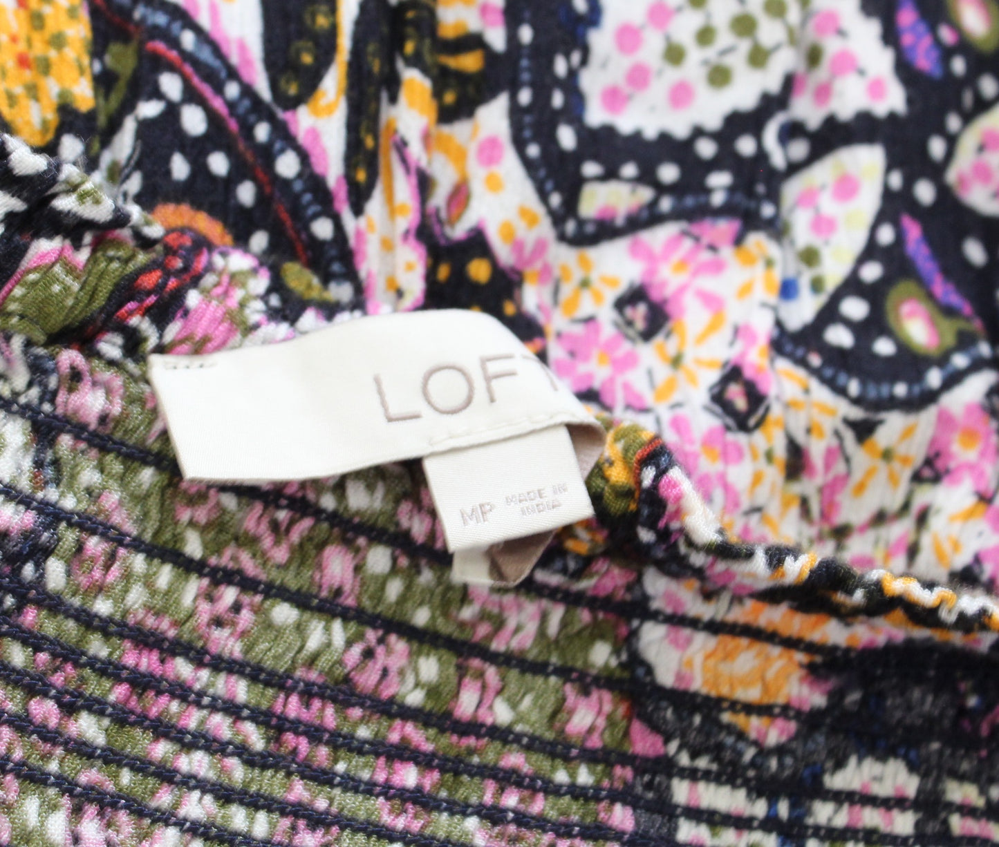 Ann Taylor Loft Multi Color Geometric Print Smocked Tie Strap Midi Dress PM MP