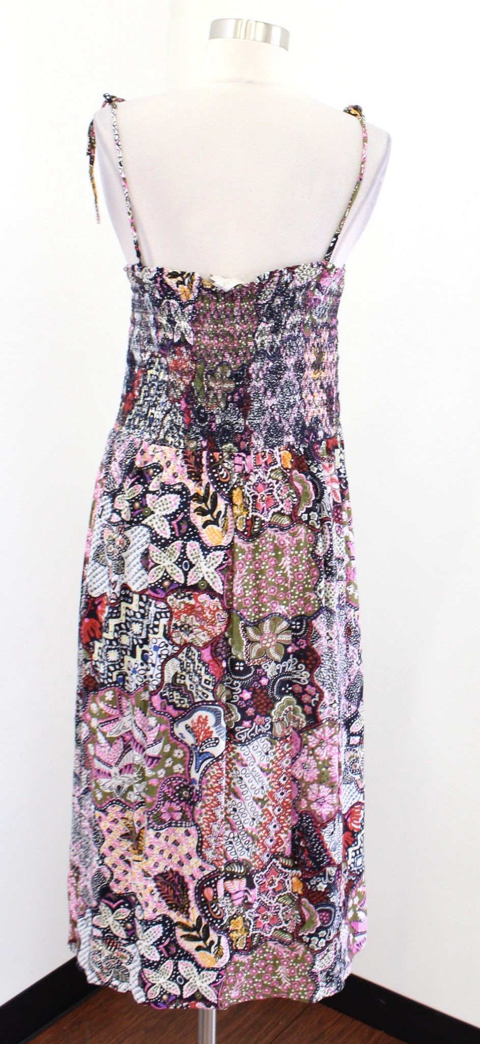 Ann Taylor Loft Multi Color Geometric Print Smocked Tie Strap Midi Dress PM MP