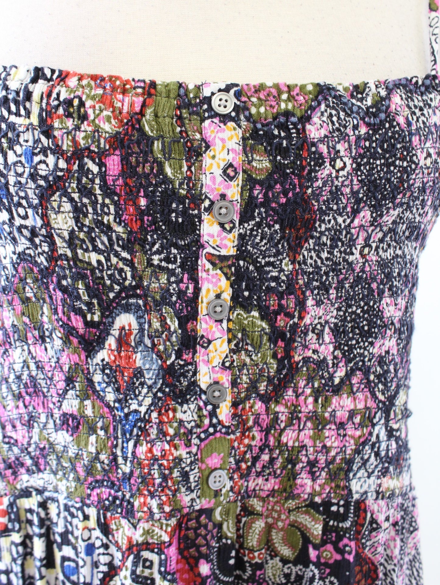 Ann Taylor Loft Multi Color Geometric Print Smocked Tie Strap Midi Dress PM MP