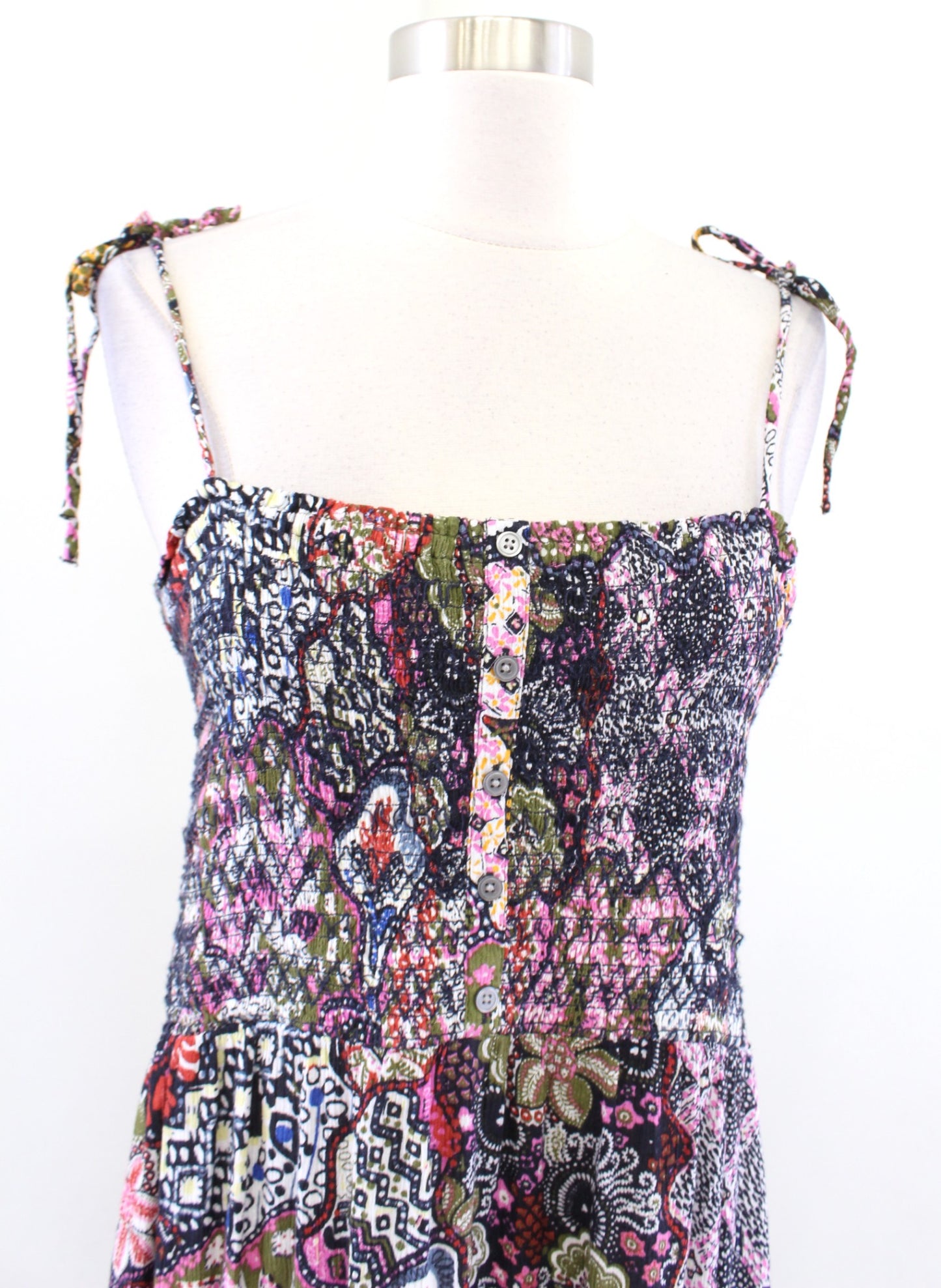 Ann Taylor Loft Multi Color Geometric Print Smocked Tie Strap Midi Dress PM MP