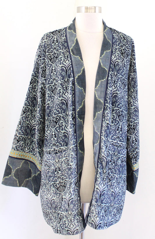 Soft Surroundings Aurora Velvet Kimono Style Cardigan Jacket Topper L Gray Green