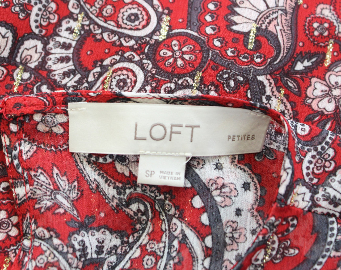 Ann Taylor Loft Red Metallic Shimmer Paisley Print Flounce Hem Shift Dress PS SP