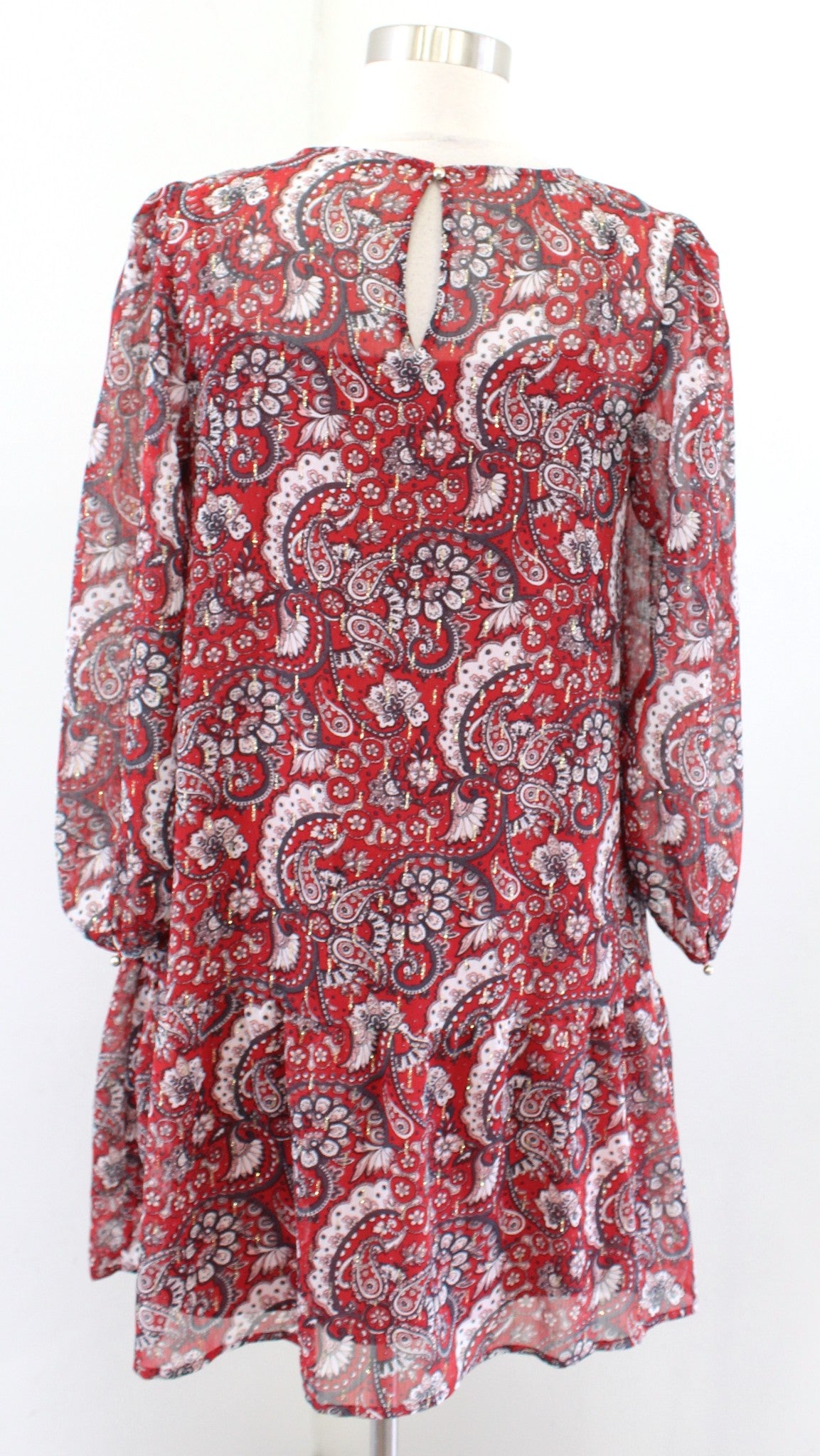 Ann Taylor Loft Red Metallic Shimmer Paisley Print Flounce Hem Shift Dress PS SP