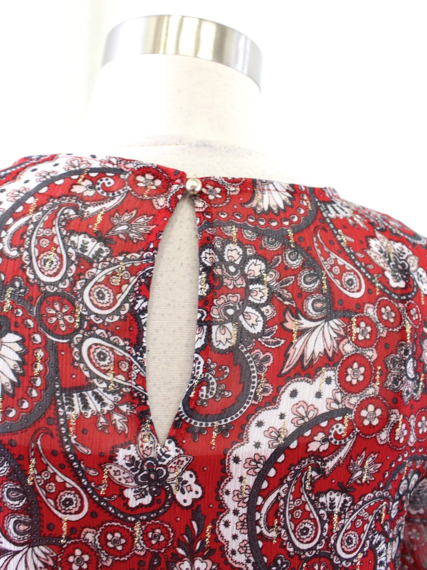 Ann Taylor Loft Red Metallic Shimmer Paisley Print Flounce Hem Shift Dress PS SP