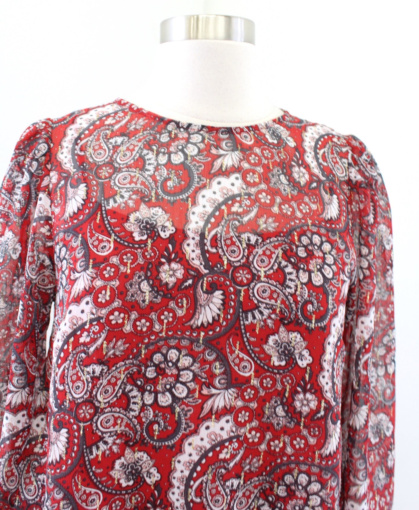 Ann Taylor Loft Red Metallic Shimmer Paisley Print Flounce Hem Shift Dress PS SP