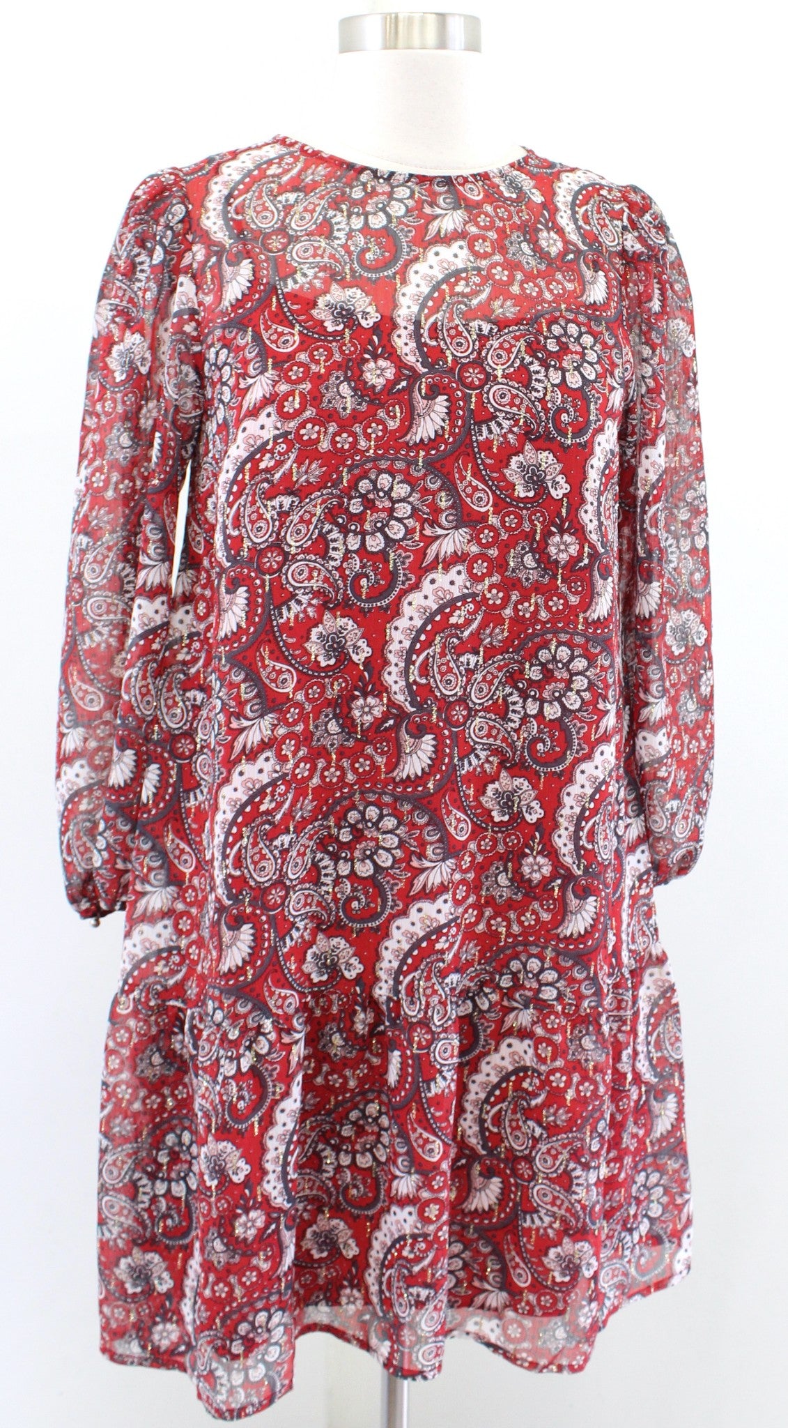 Ann Taylor Loft Red Metallic Shimmer Paisley Print Flounce Hem Shift Dress PS SP