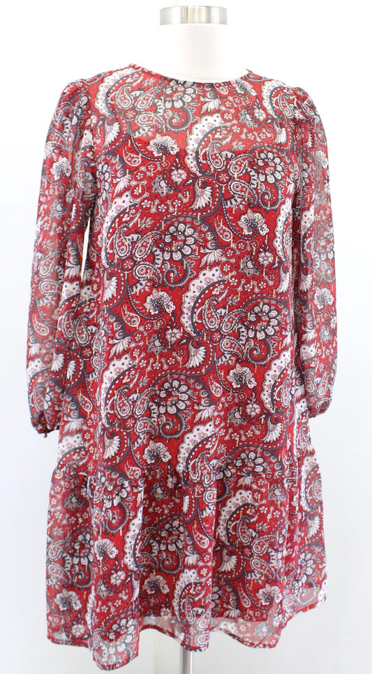 Ann Taylor Loft Red Metallic Shimmer Paisley Print Flounce Hem Shift Dress PS SP