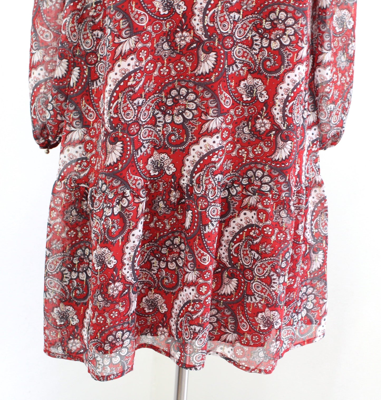 Ann Taylor Loft Red Metallic Shimmer Paisley Print Flounce Hem Shift Dress PS SP