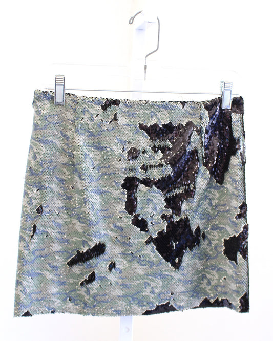 FP One Free People Skinny Camo Reversible Sequin Mini Skirt Size 0 Green Black