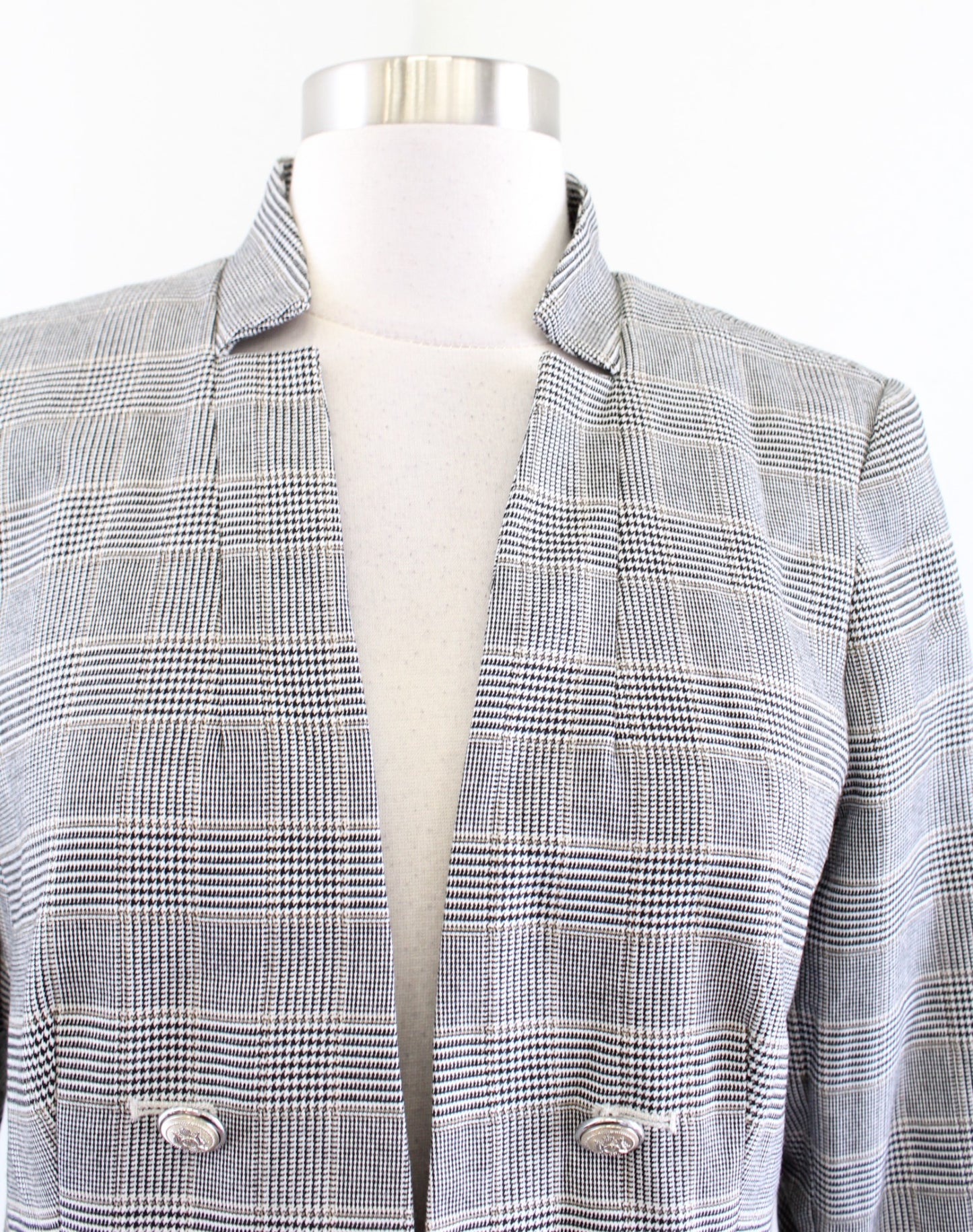 White House Black Market Gray Houndstooth Plaid Stand Collar Blazer Jacket Sz 8P