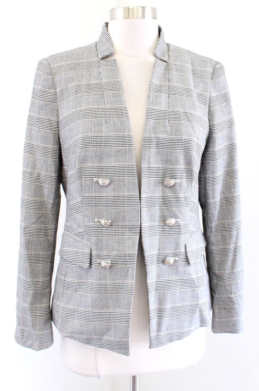 White House Black Market Gray Houndstooth Plaid Stand Collar Blazer Jacket Sz 8P