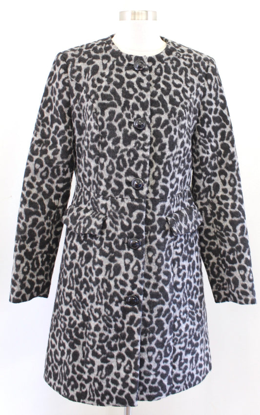 Betsey Johnson Black Gray Leopard Animal Print Long Jacket Car Coat Size M Wool