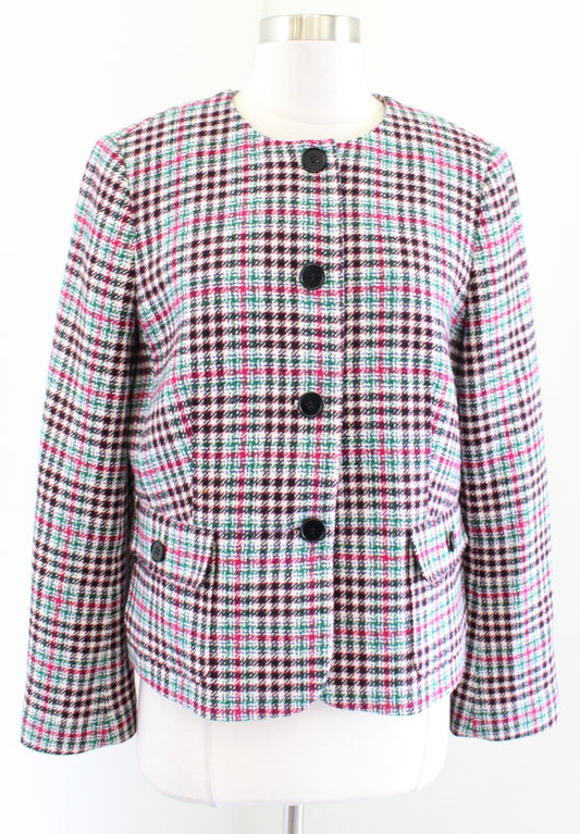 Talbots Womens Petite Multi Color Plaid Tweed Blazer Jacket Wool Size 14P Green