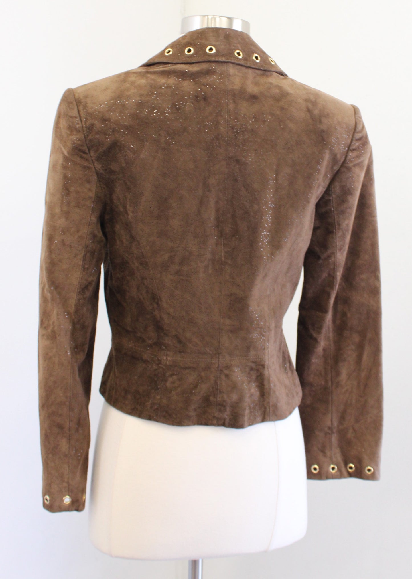 St John Collection Brown Sparkly Pig Suede Leather Jacket & Pants Set Size 2