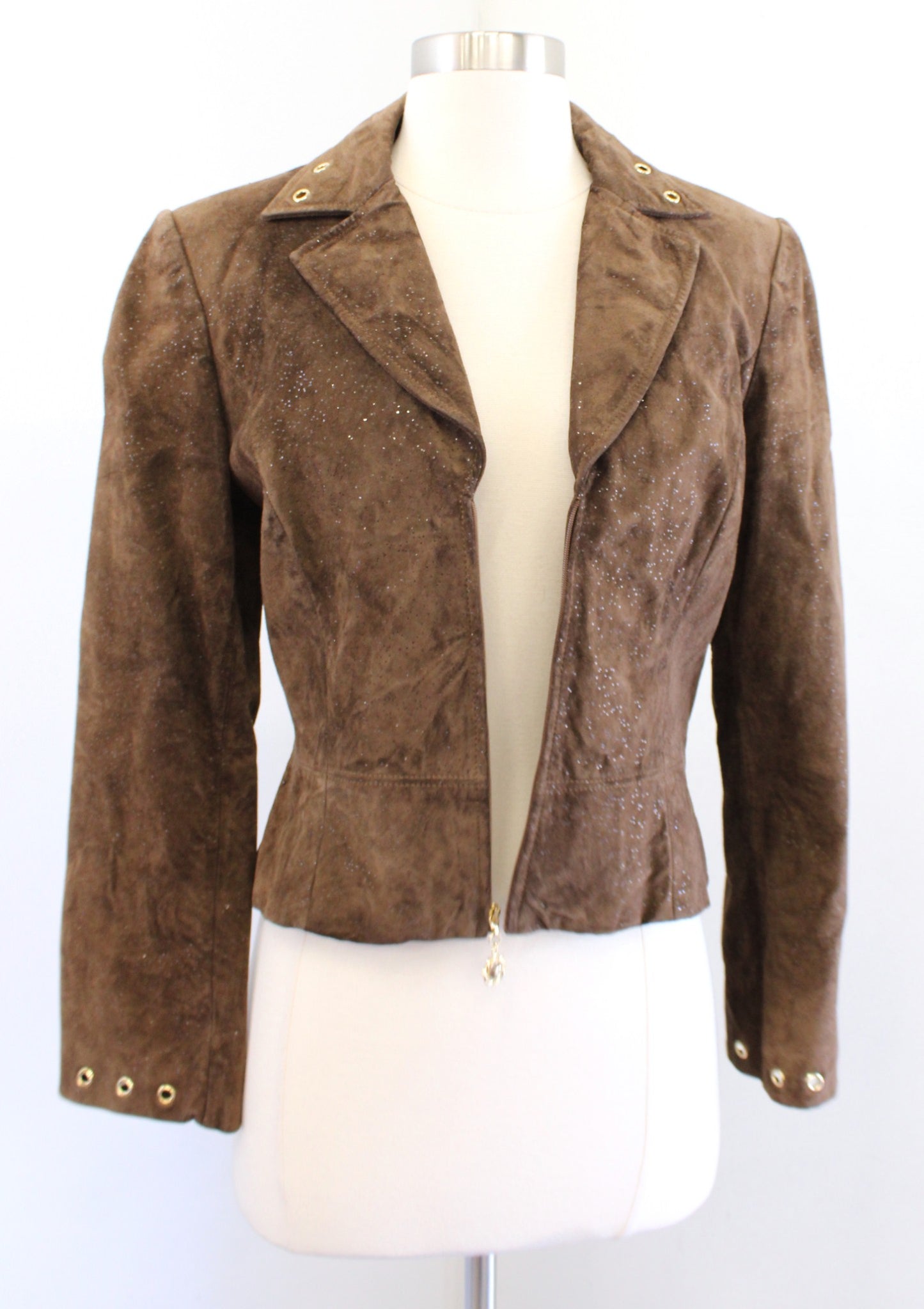 St John Collection Brown Sparkly Pig Suede Leather Jacket & Pants Set Size 2