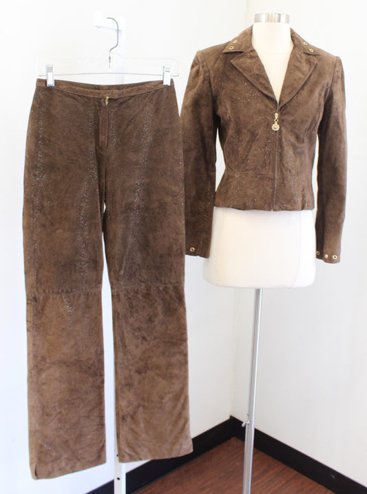 St John Collection Brown Sparkly Pig Suede Leather Jacket & Pants Set Size 2