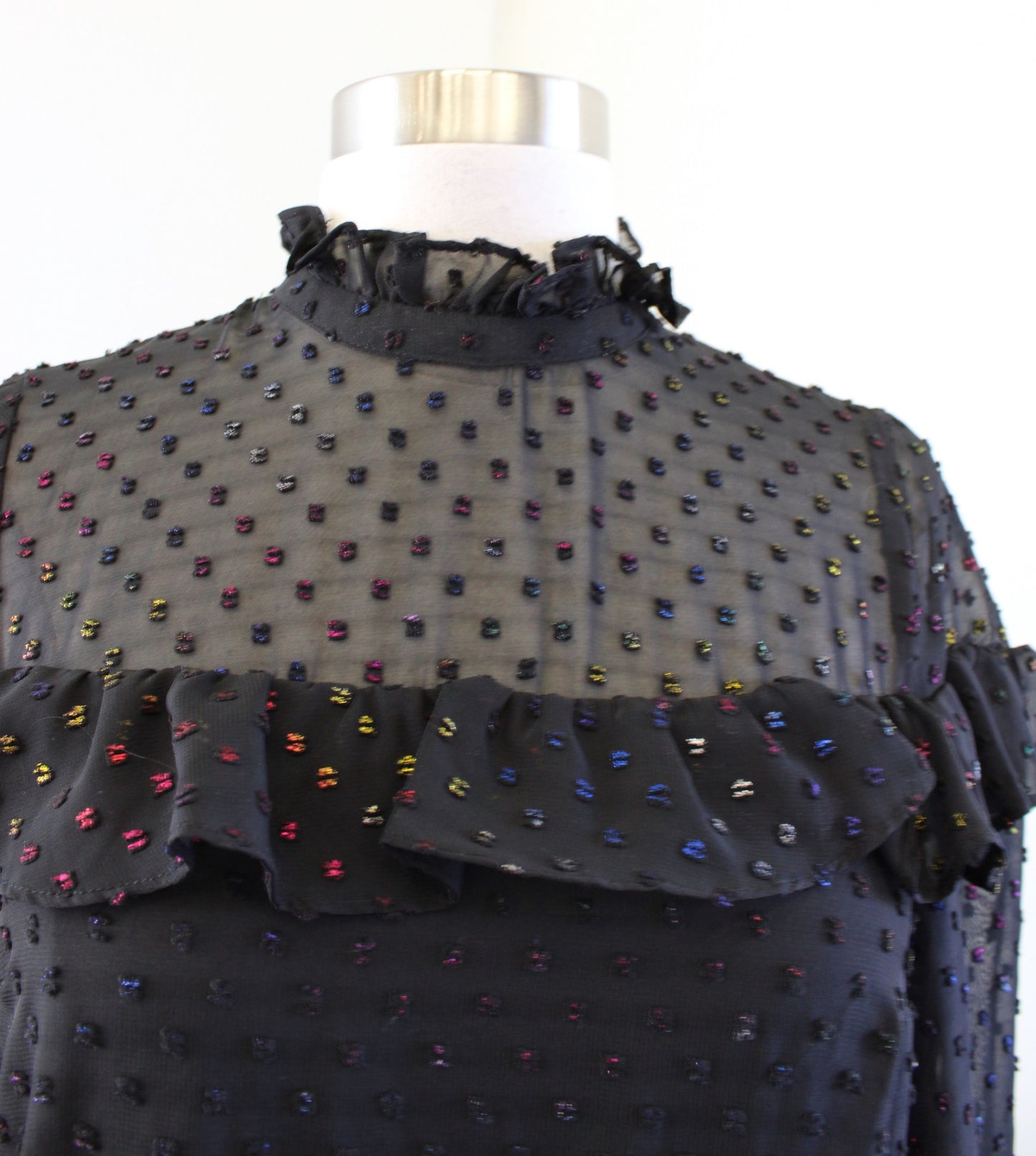 NWT Betsey Johnson Black Rainbow Clip Dot Ruffle Flounce Hem Shift Dress Size 2