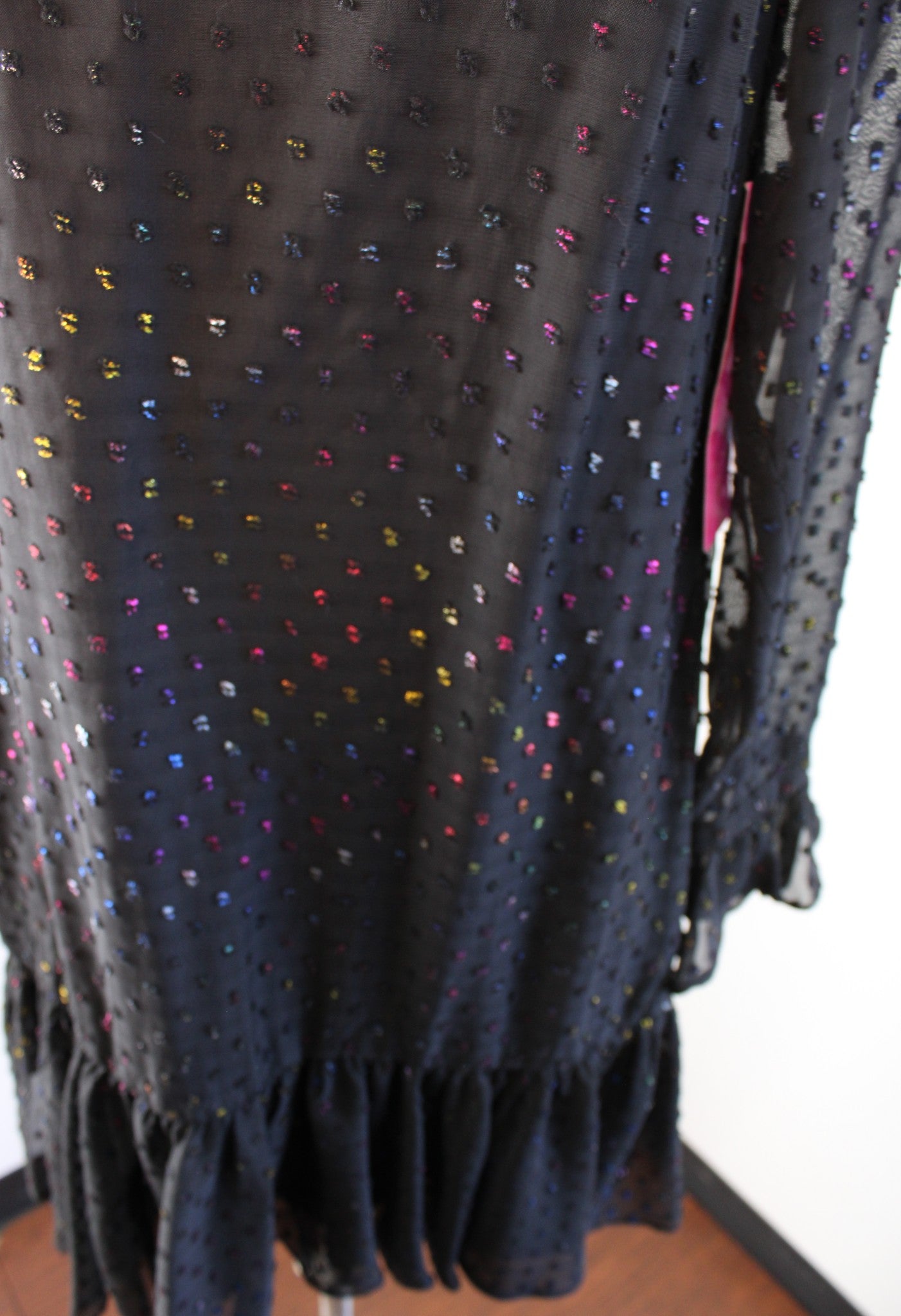 NWT Betsey Johnson Black Rainbow Clip Dot Ruffle Flounce Hem Shift Dress Size 2