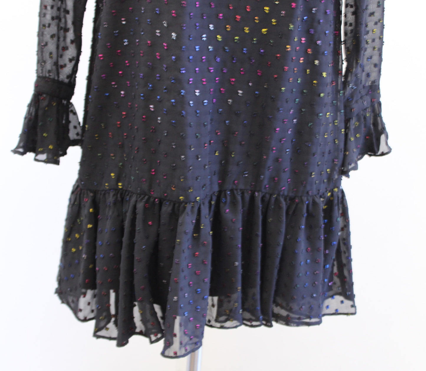 NWT Betsey Johnson Black Rainbow Clip Dot Ruffle Flounce Hem Shift Dress Size 2