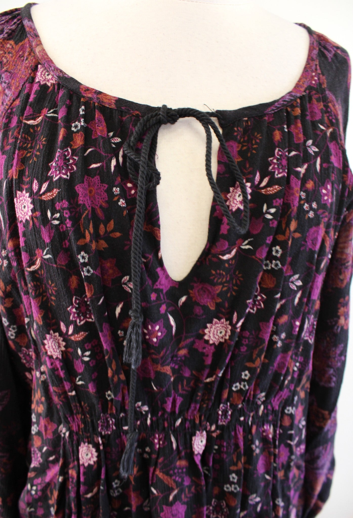 Free People Lucky Loosey Black Floral Tassel Tie Mini Tunic Dress Size XS