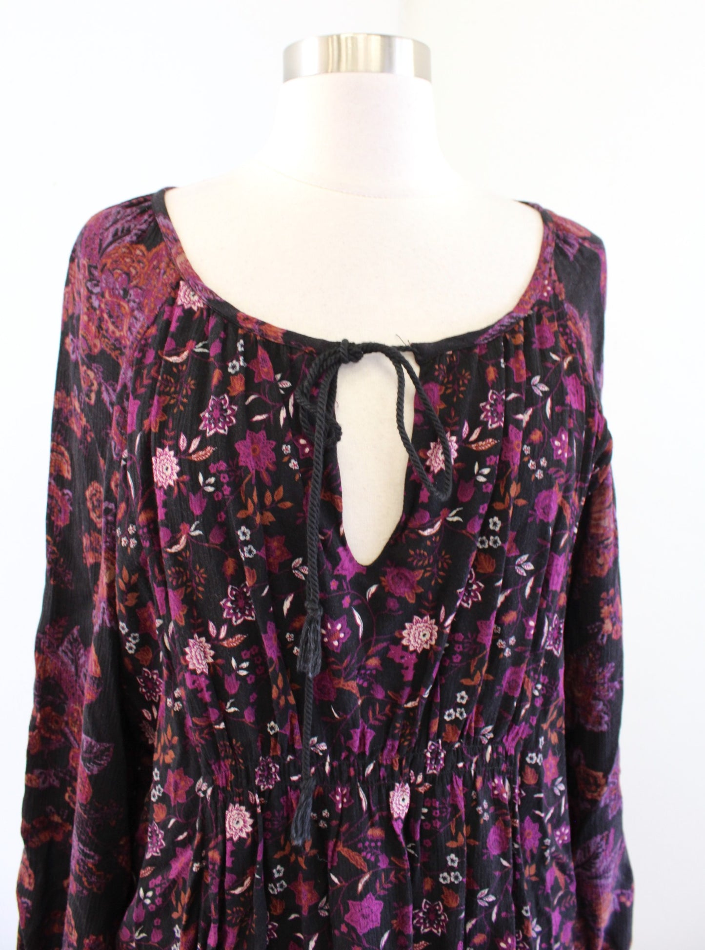 Free People Lucky Loosey Black Floral Tassel Tie Mini Tunic Dress Size XS