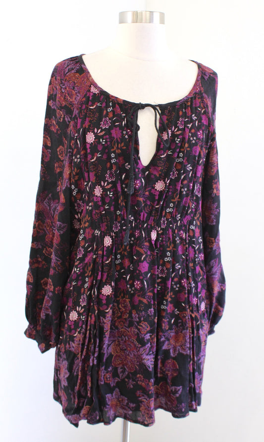 Free People Lucky Loosey Black Floral Tassel Tie Mini Tunic Dress Size XS