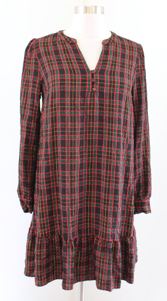 Ann Taylor Loft Metallic Crinkle Holiday Plaid Flounce Shift Dress XS Red Green