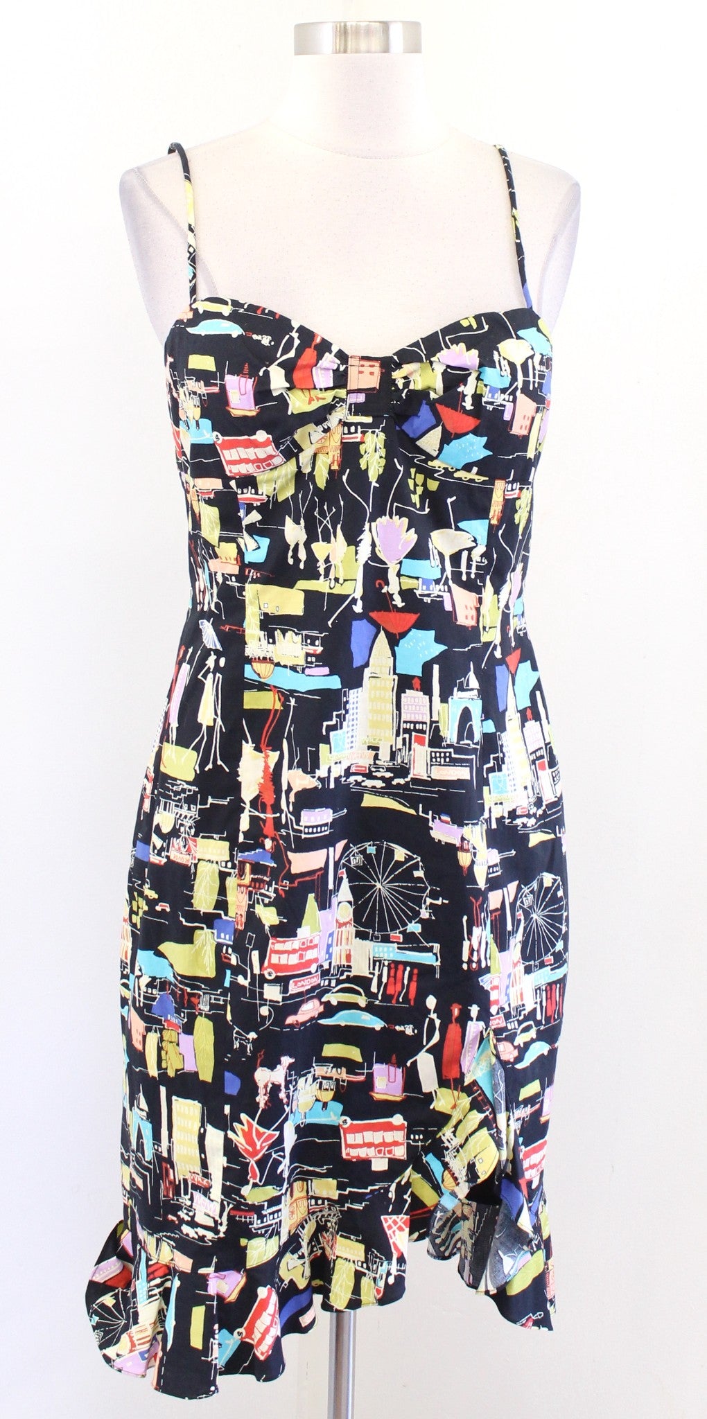 Vtg 2000s Y2k Muse Black London UK Novelty City Print Ruffle Hem Dress Size 6