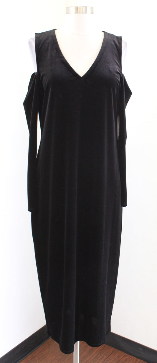 NWT Vince Camuto Black Velvet V Neck Cold Shoulder Midi Dress Size L Boho Goth