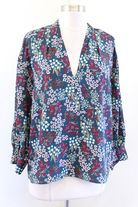 Joie Womens Ninarika Ocean Teal Floral Print Popover Top Blouse Size M V Neck