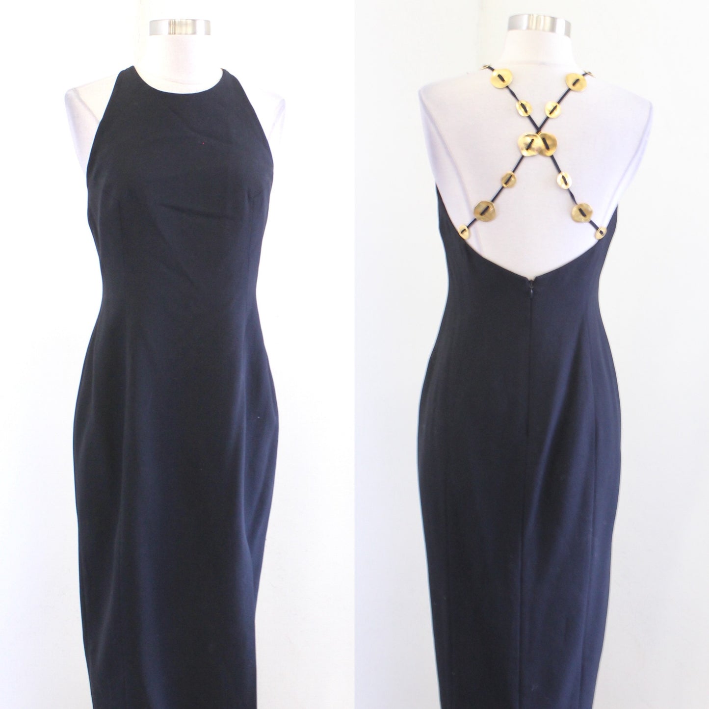 NWT Deadstock Vtg 90s Black Gold Metal Strappy Midi Maxi Dress Size 8 / XS S ?