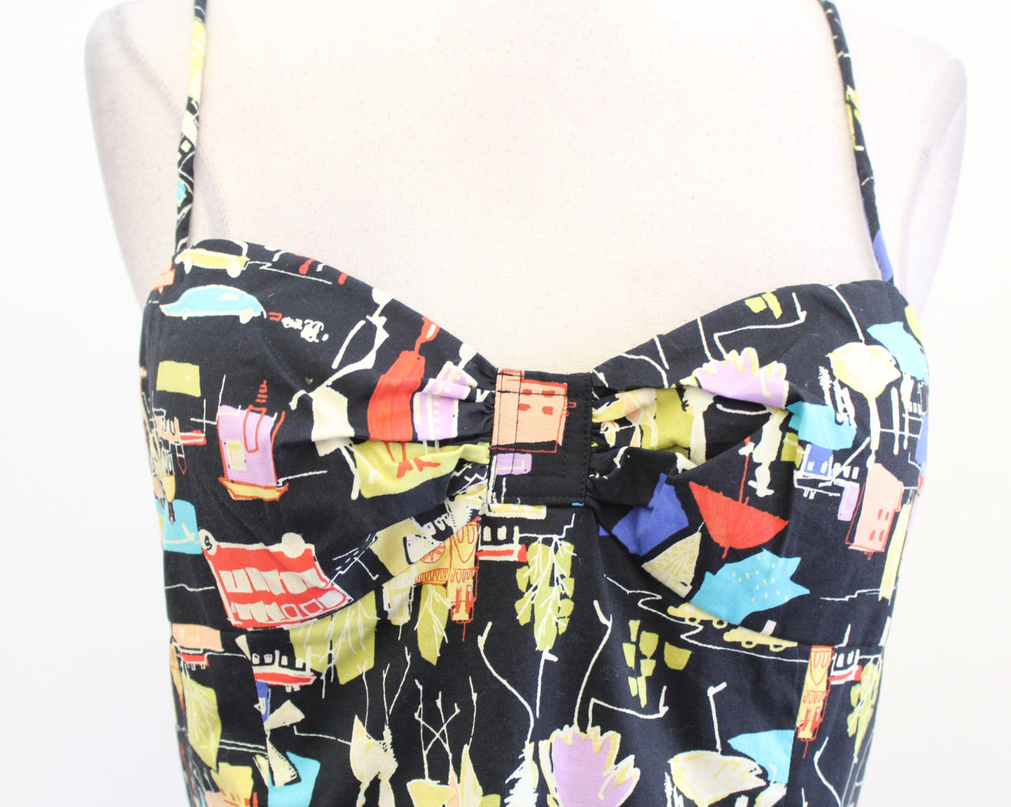 Vtg 2000s Y2k Muse Black London UK Novelty City Print Ruffle Hem Dress Size 6