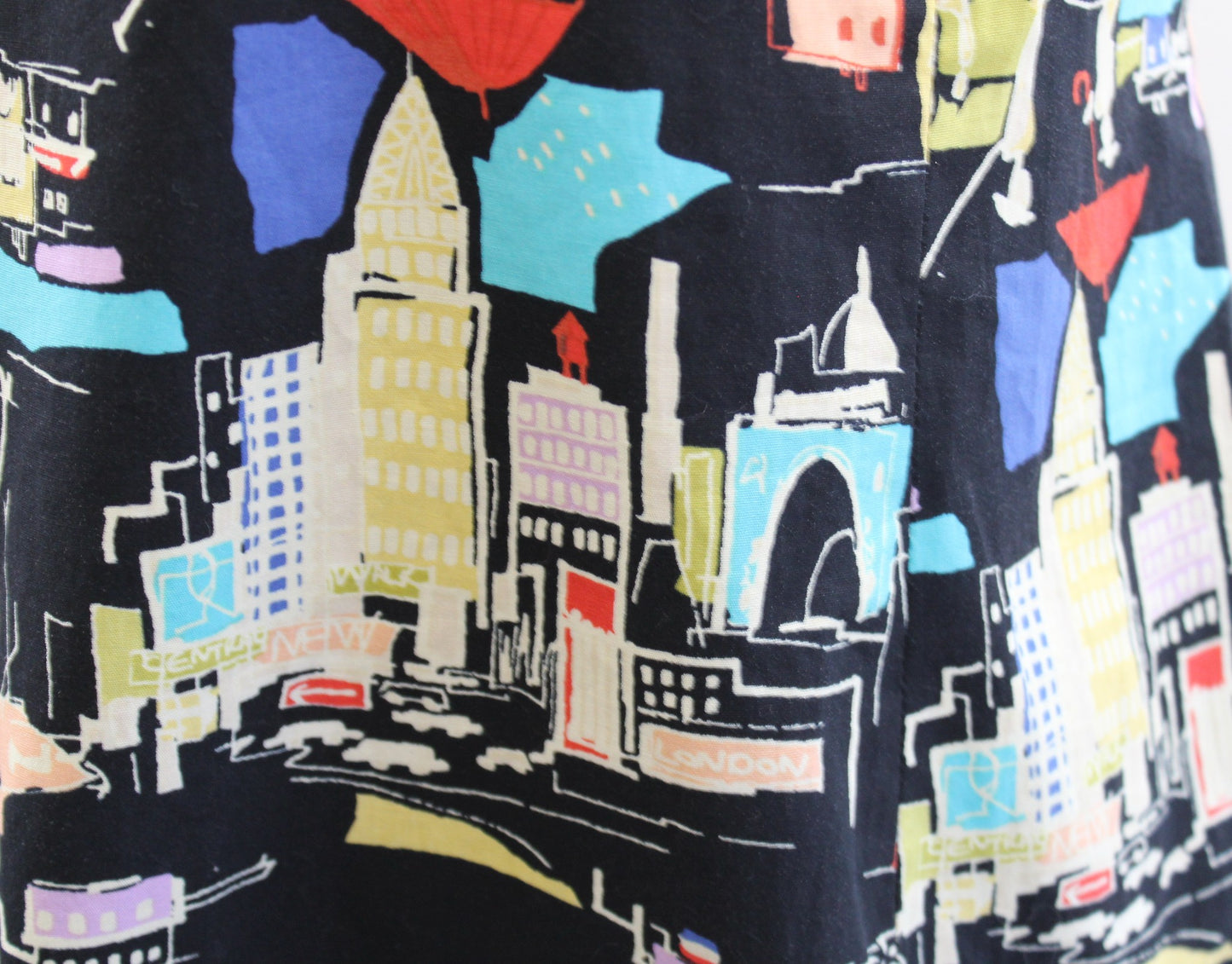 Vtg 2000s Y2k Muse Black London UK Novelty City Print Ruffle Hem Dress Size 6