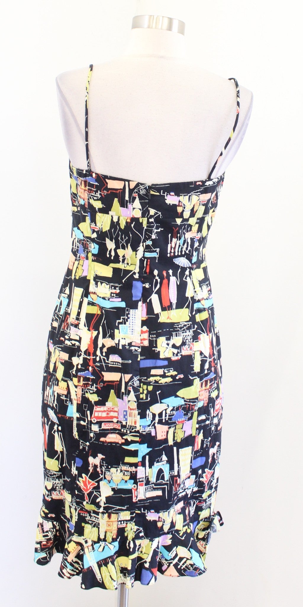 Vtg 2000s Y2k Muse Black London UK Novelty City Print Ruffle Hem Dress Size 6