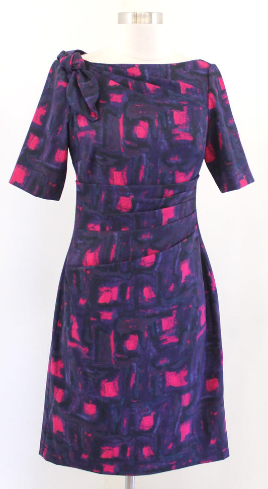 Kay Unger Abstract Print 3d Bow Ruched Sheath Dress Size 2 Cocktail Black Blue