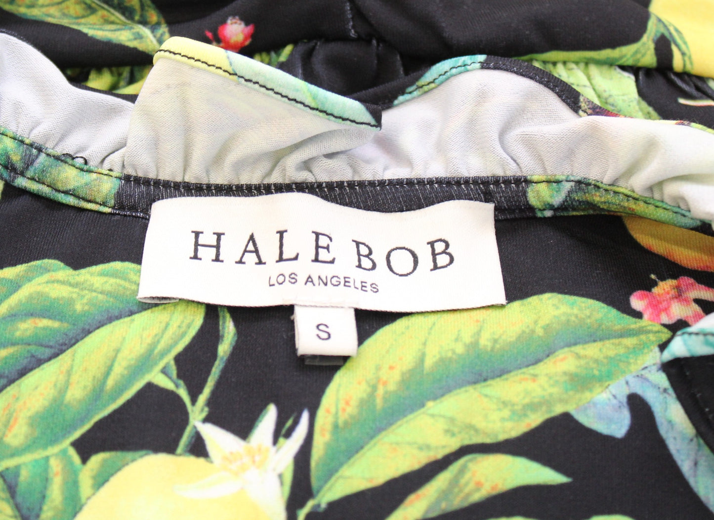 Hale Bob Black Green Lemon Fruit Print Ruffle Ruched Dress Size S Sleeveless