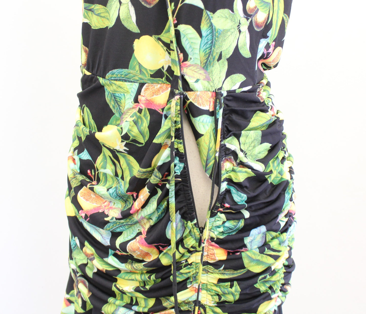 Hale Bob Black Green Lemon Fruit Print Ruffle Ruched Dress Size S Sleeveless