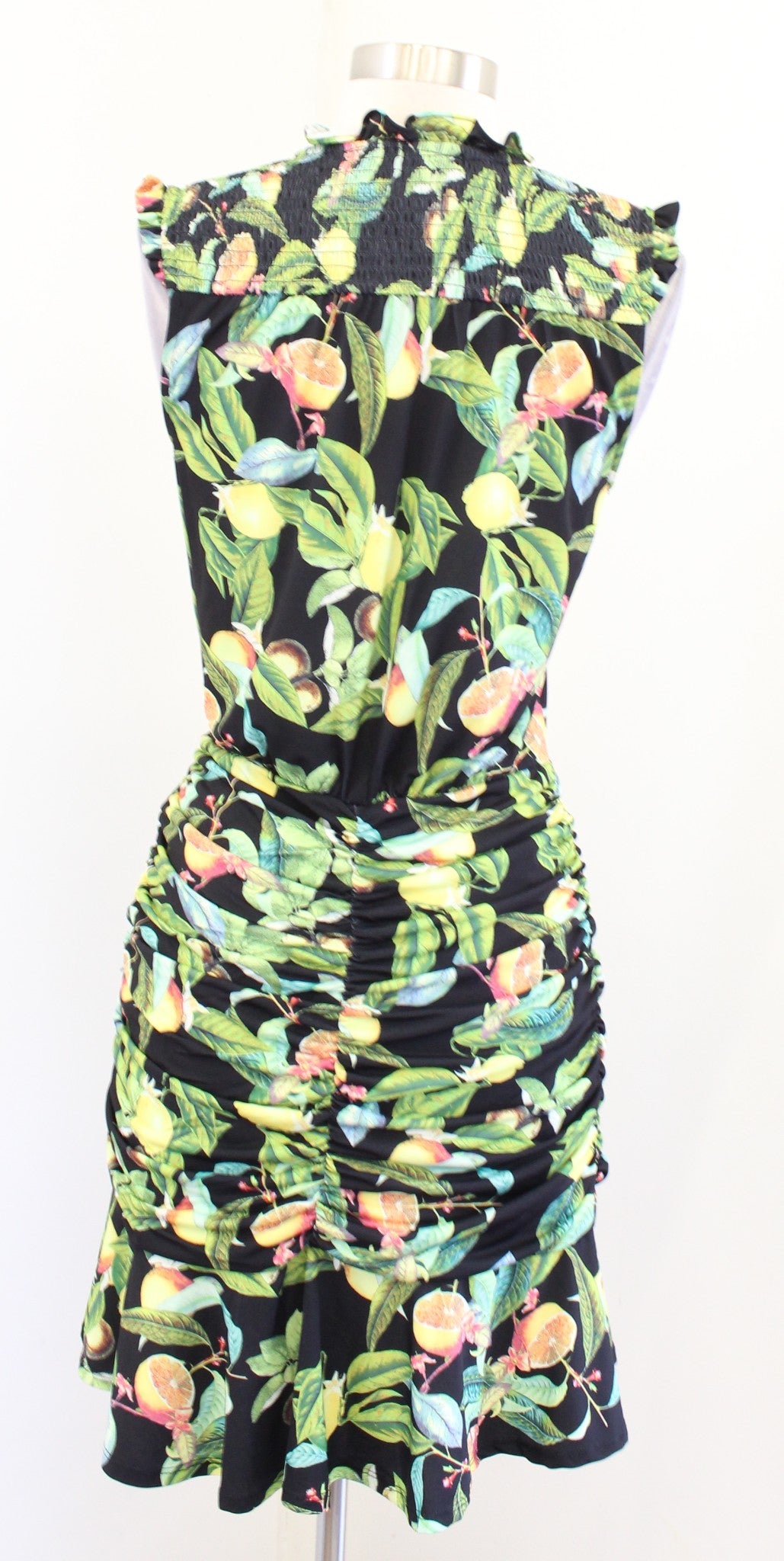 Hale Bob Black Green Lemon Fruit Print Ruffle Ruched Dress Size S Sleeveless